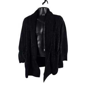 ORVIS Chenille Cardigan Sweater Black Shawl Collar Long Sleeve Pockets Women L/G